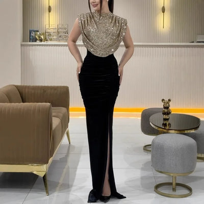 Spring Sequined Patchwork Sleeveless Long Dress Casual Party Draped Split O Neck Sequin Splicing Party Dress 2025