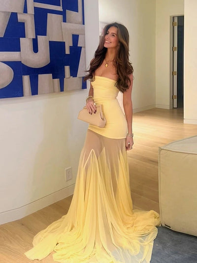 Weird Puss Patchwork See Through Dress Women Elegant Solid Pleated Strapless Sleeveless Backless Slim Banquet Party Vestidos