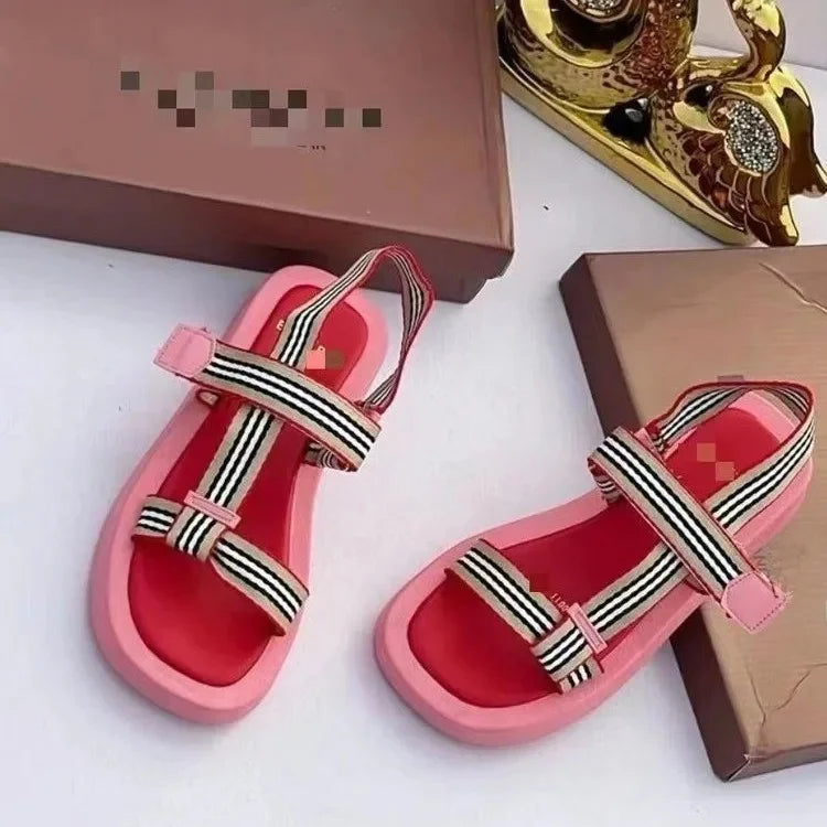 Wish Color Block Flat Bottom Square Head Sandals Women's Crossbody Woven Sports Style Magic Tape Beach Slippers