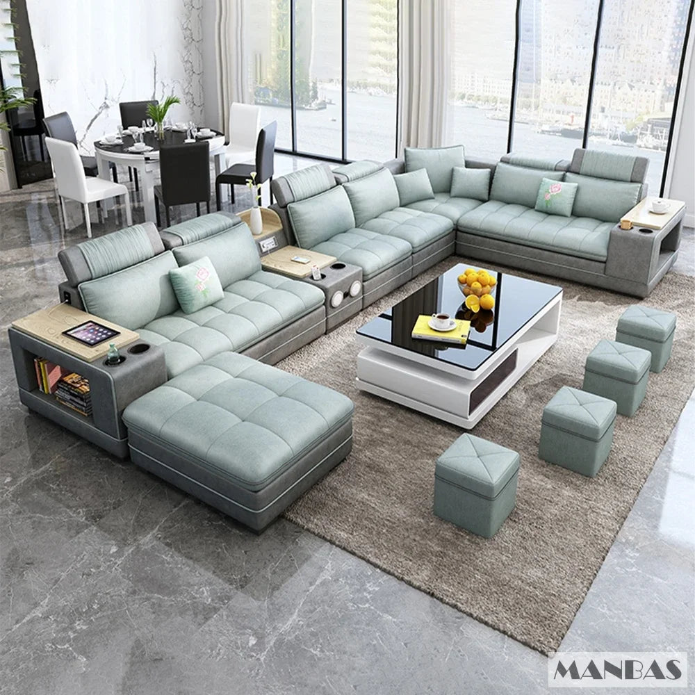 MINGDIBAO Nordic Fabric Sofa Set with Bluetooth Speaker & USB - Modern Living Room Modular Sofas Big U Shape Corner Cloth Couch