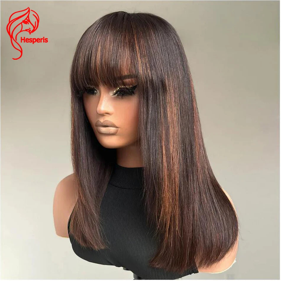 Hesperis Hesperis Short Bob Human Hair Wig With Bangs Brazilian Remy #30 Color Highlight Brown Scalp Top Full Machine Made Wig