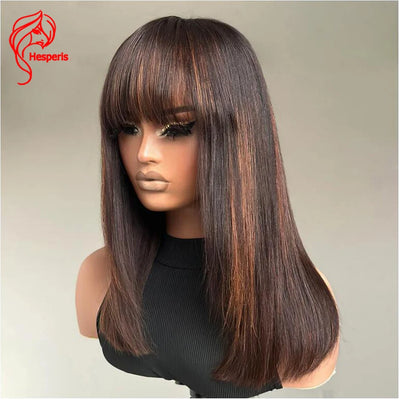 Hesperis Hesperis Short Bob Human Hair Wig With Bangs Brazilian Remy #30 Color Highlight Brown Scalp Top Full Machine Made Wig