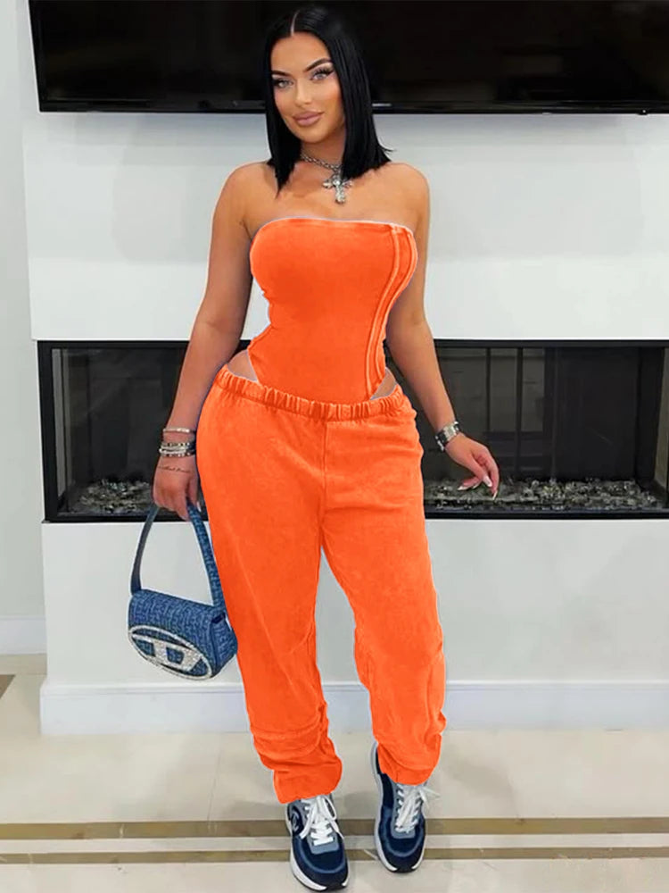 Sexy Tracksuit Cotton Washed Strapless Bodysuit and Jogger Pants Set 2025 Trendy Women Clothes Jogging Suit 2 pcs Two Piece Sets