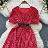 Summer Pleated Women Buttons Dresses Casual Beach Holiday Short Sleeve V Neck Woman Midi Dress Bohemian Mujer Vestidos