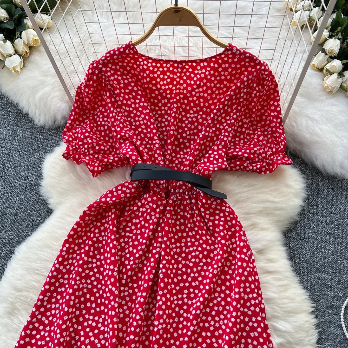 Summer Pleated Women Buttons Dresses Casual Beach Holiday Short Sleeve V Neck Woman Midi Dress Bohemian Mujer Vestidos