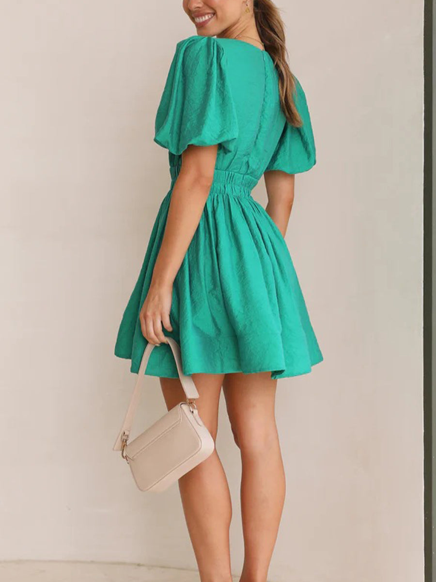 Women Summer Casual A-line Dress Solid Color Deep V-Neck Short Puff Sleeve Mini Dress Fashion Party Short Dress