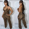 HLJ Sexy Leopard Print Bodycon Jumpsuits Women Thin Strap Sleeveless V Neck Wide Leg Pants Playsuit Female Overall With Scarf