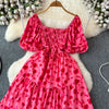 2024 New Summer Flower Print Long Dress Women Vintage Square Neck Ruched Chest Sash Bandage Sundress Party Vestidos