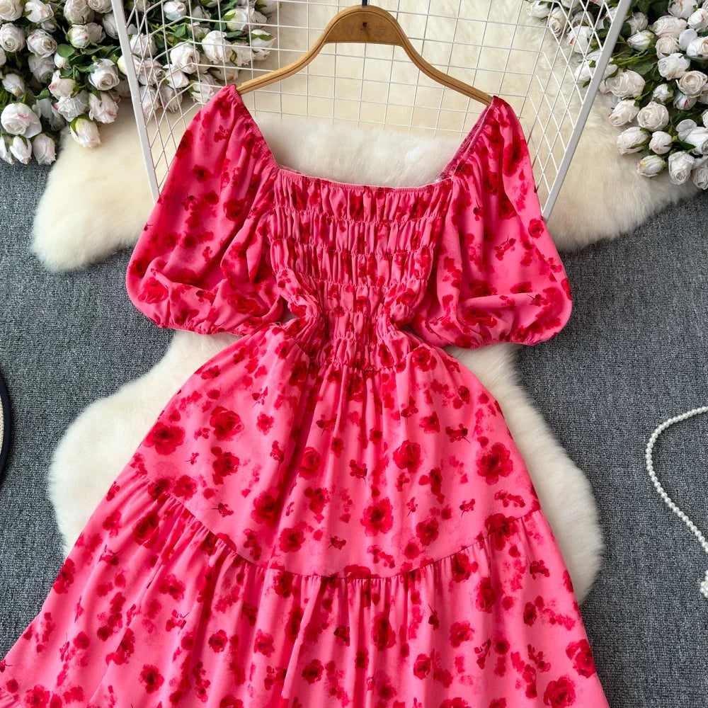 2024 New Summer Flower Print Long Dress Women Vintage Square Neck Ruched Chest Sash Bandage Sundress Party Vestidos