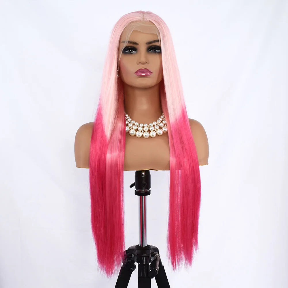 Ombre Blue Blonde Preplucked Long Lace Front Wig Straight 180%Density Hairline Glueless For Women Synthetic Fiber