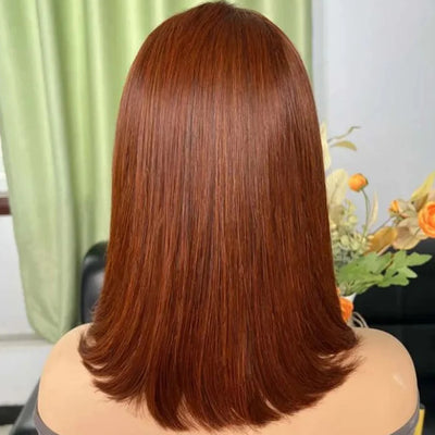Short Brown Color Bob Wig Peruvian Straight Lace Front Human Hair Wigs For Women #33 Reddish Brown 13*6*1 T Lace Part Wig