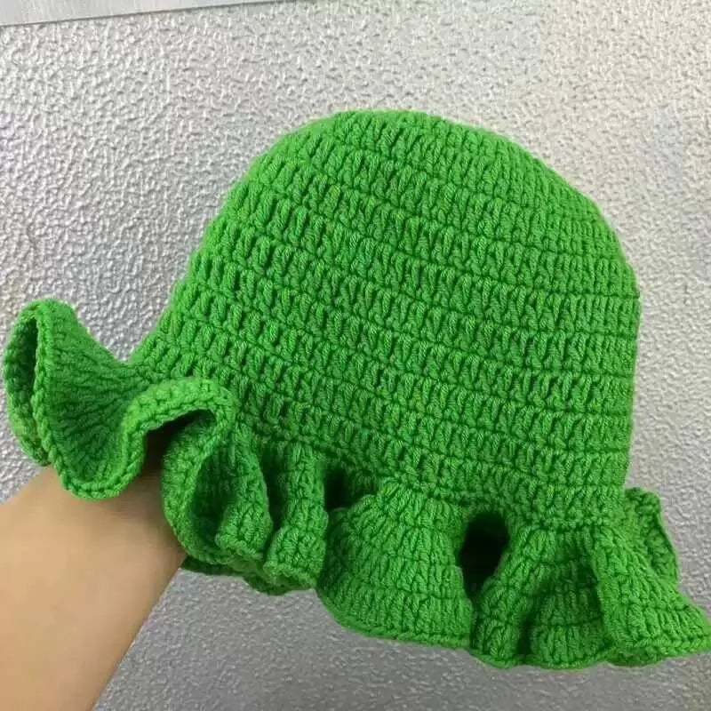 Handmade knitted hat with pleated ruffle edges and lace for both men and women, quirky and creative adult hat