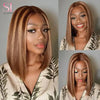 SIMMEL Ombre 4x4 Lace Closure Wig Highlight Colored Human Hair Wigs Highlight Brown Bob Wigs Straight Remy Hair 180 Density