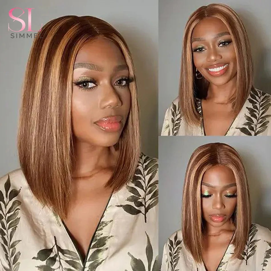 SIMMEL Ombre 4x4 Lace Closure Wig Highlight Colored Human Hair Wigs Highlight Brown Bob Wigs Straight Remy Hair 180 Density