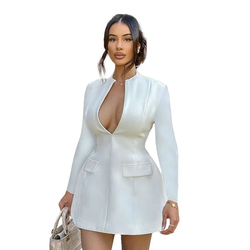 Sexy Fitted V-Neck Long-Sleeve Dress Elegant Solid Color High-Waist Pencil Skirt New Stylish Autumn/Winter Women's Banquet Dress
