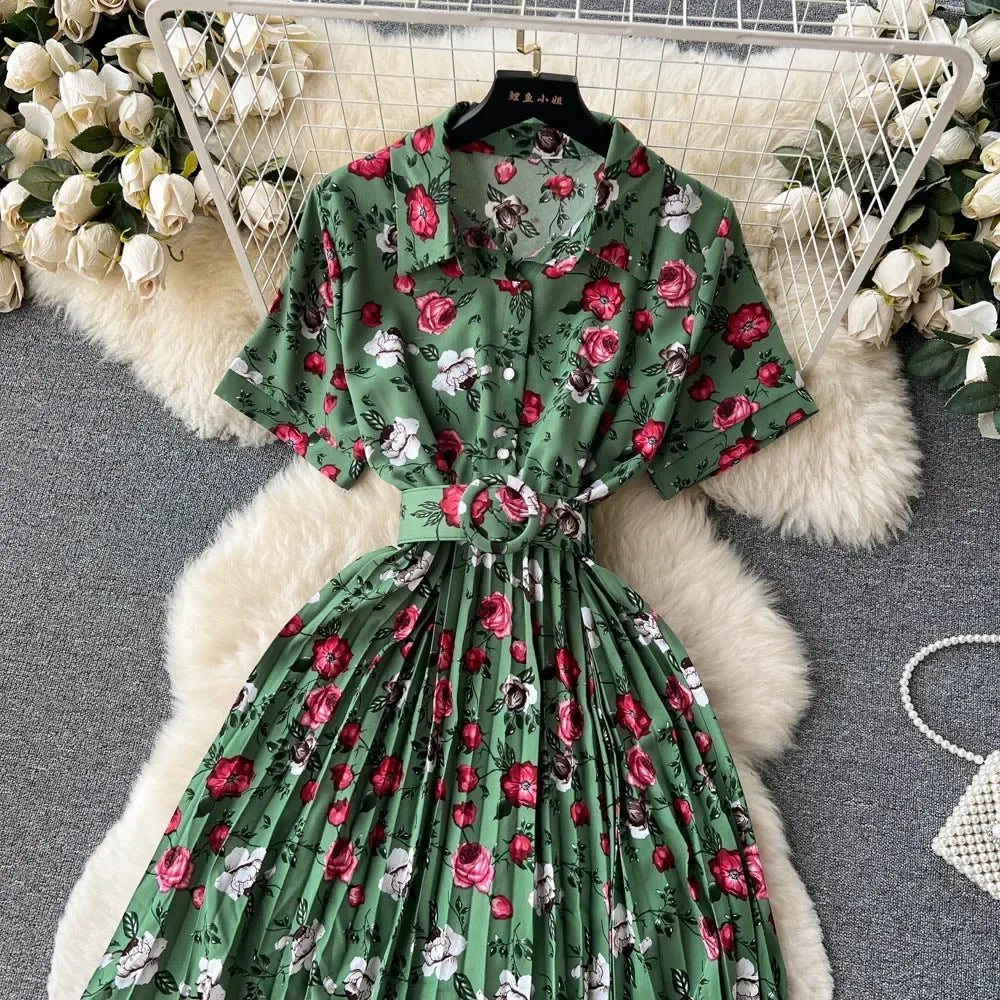 2024 Summer Women Floral Pleated Dress Vintage Turn-Down Collar Short Sleeve Single Breasted Printed Draped Midi Vestidos New