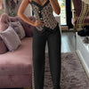 Spring Summer Sleeveless Suit Fashion Print Two Piece Sets Women Sexy V-neck Button Metal Sling Top & Wide Leg Pants Outfits
