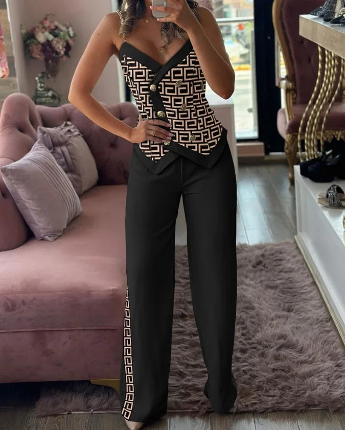 Spring Summer Sleeveless Suit Fashion Print Two Piece Sets Women Sexy V-neck Button Metal Sling Top & Wide Leg Pants Outfits