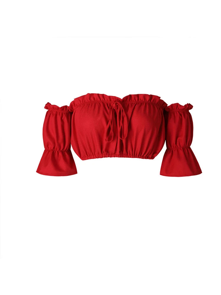 Crop tops women 2024 summer lantern sleeve sexy strapless beach tops plus size red black white ruched crop top