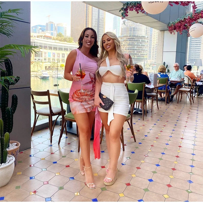 Chic Print Tassel Mini Dress Women Hollow Biased Collar Sheath High Stretch Pleated Beach Dresses 2025 Summer Bodycon Vestidos