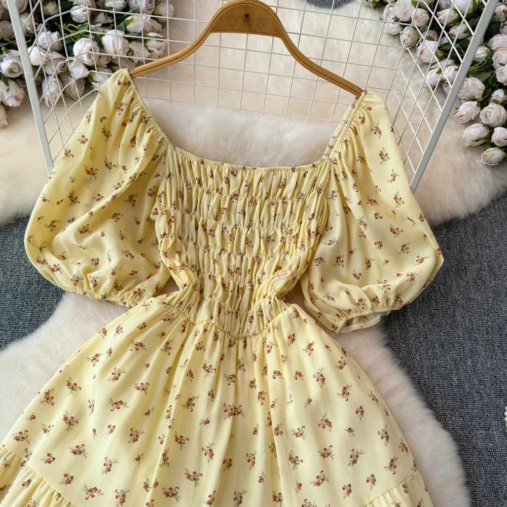 2024 New Summer Flower Print Long Dress Women Vintage Square Neck Ruched Chest Sash Bandage Sundress Party Vestidos