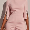 Women's Jumpsuit Casual Solid Color 3/4 Length Sleeve Straight Round Neck Beaded High Waist Daily Going out Regular Fit Black Wh