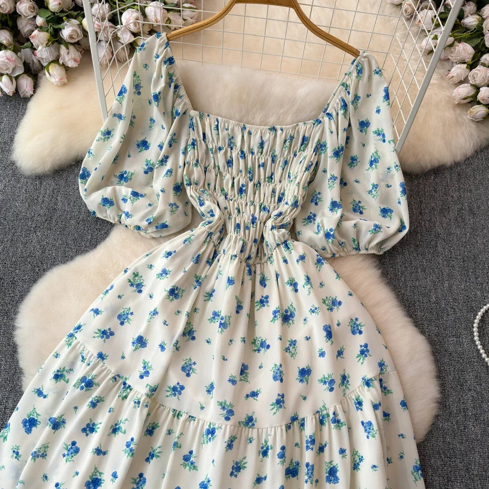 2024 New Summer Flower Print Long Dress Women Vintage Square Neck Ruched Chest Sash Bandage Sundress Party Vestidos
