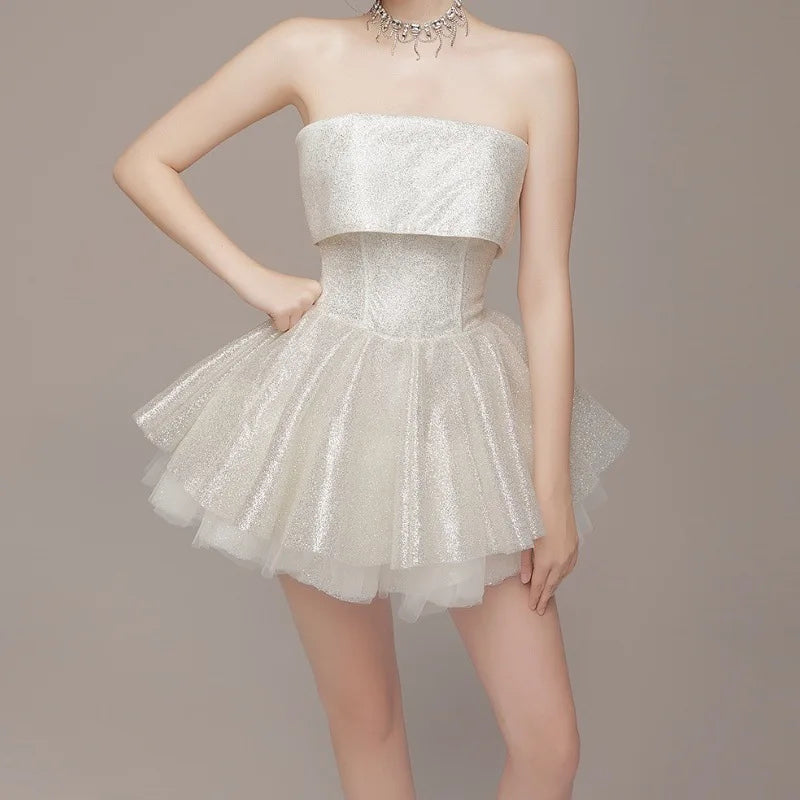 Elegant Strapless Corset Short Dress Off Shoulder Shiny Dresses Sparkly Backless Robe Ball Gown Birthday Evening Party Cocktail
