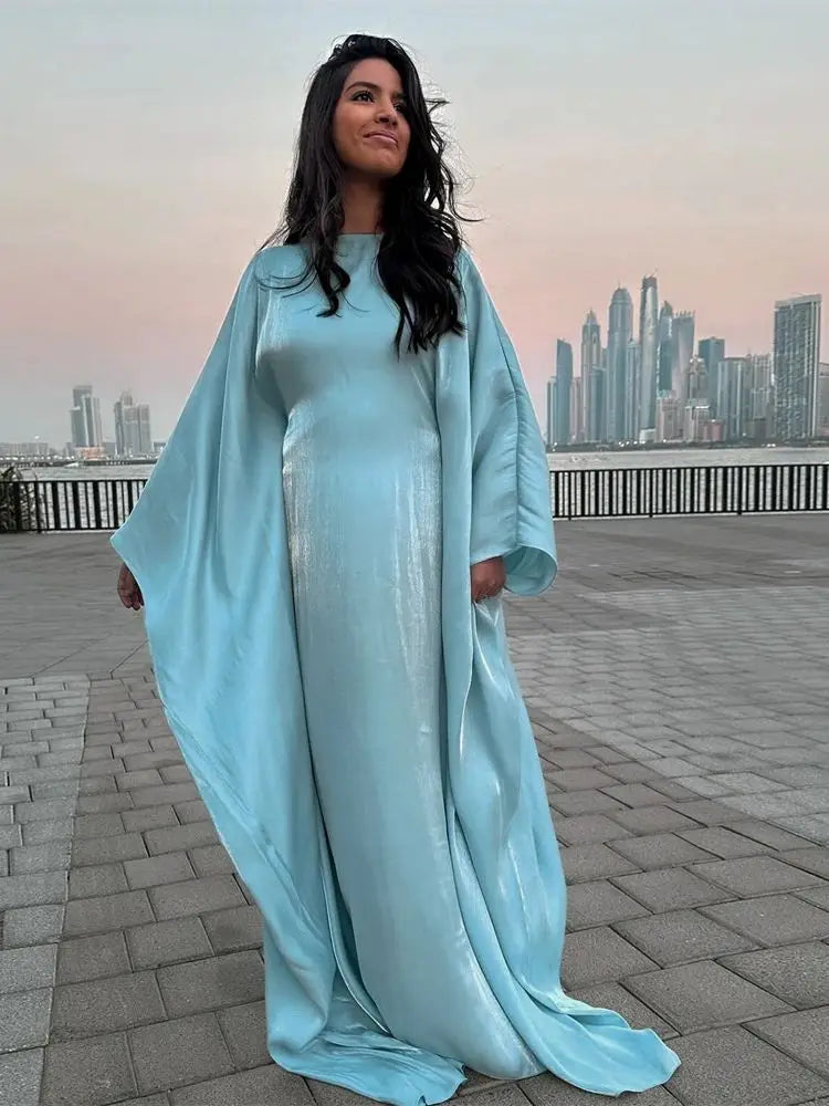 Batwing Butterfly Sleeve Satin Khimar Abaya Dubai Muslim Maxi Dress Kaftan Abayas For Women Kebaya Caftan Robe Femme Vestidos