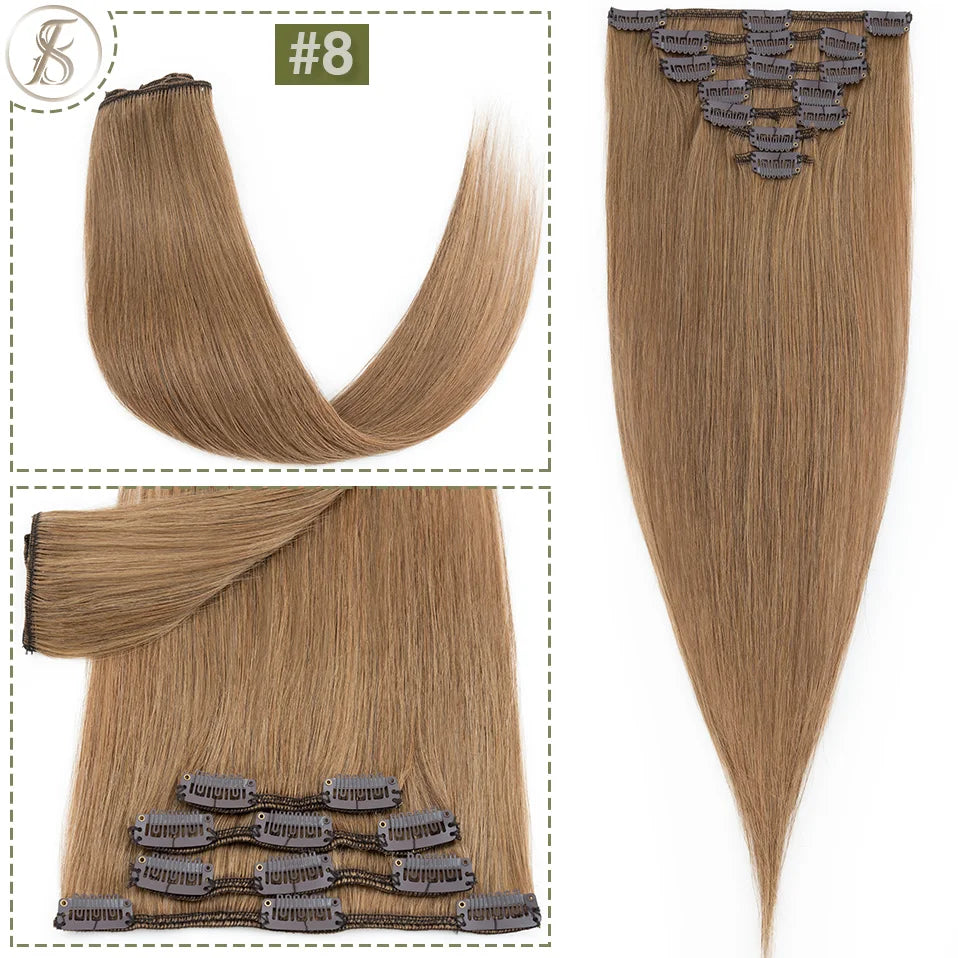 TESS 7Pcs/Set Human Hair Clip In Hair Extensions Natural Extension 14"-24" Full Head Blonde Human Hair Clip Ins Remy Hair Pieces