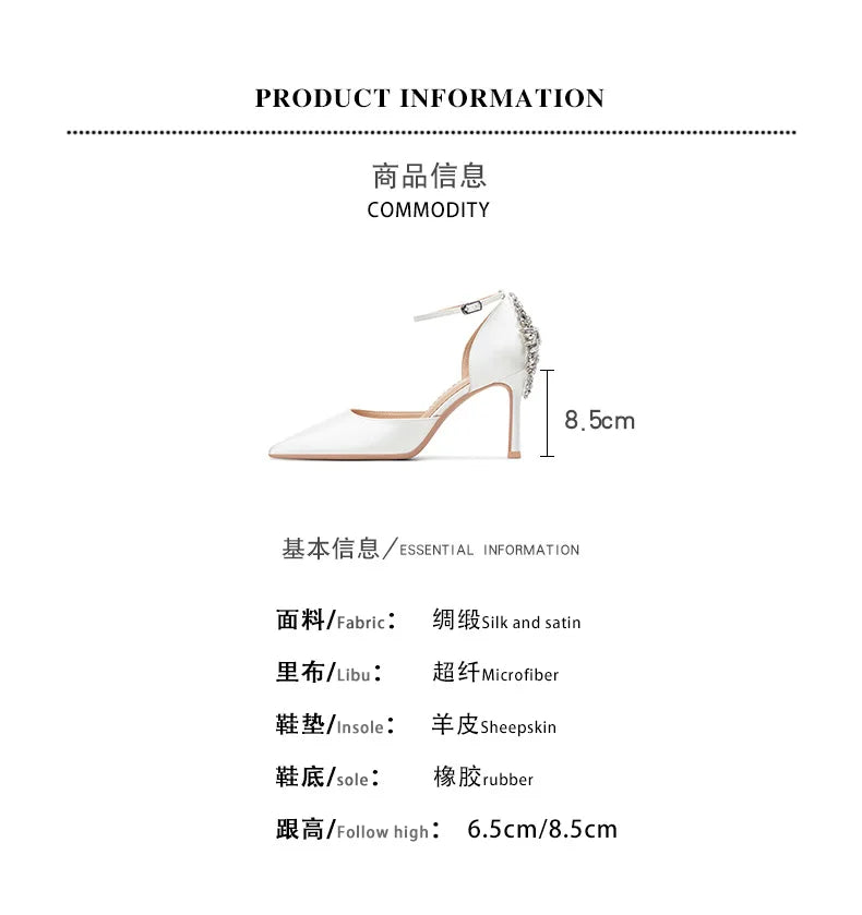 Baotou Hollow High Heel Women's Sandals Pointed Tip Thin Heel One-word Button Rhinestone Wedding Shoes Bridal Shoes