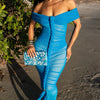 Beyprern Luxe Goddess Ruched Mesh Maxi Dress Elegant Women's Off Shoulder Pleated Bandage Beach Vacation Dress Holiday Outfits