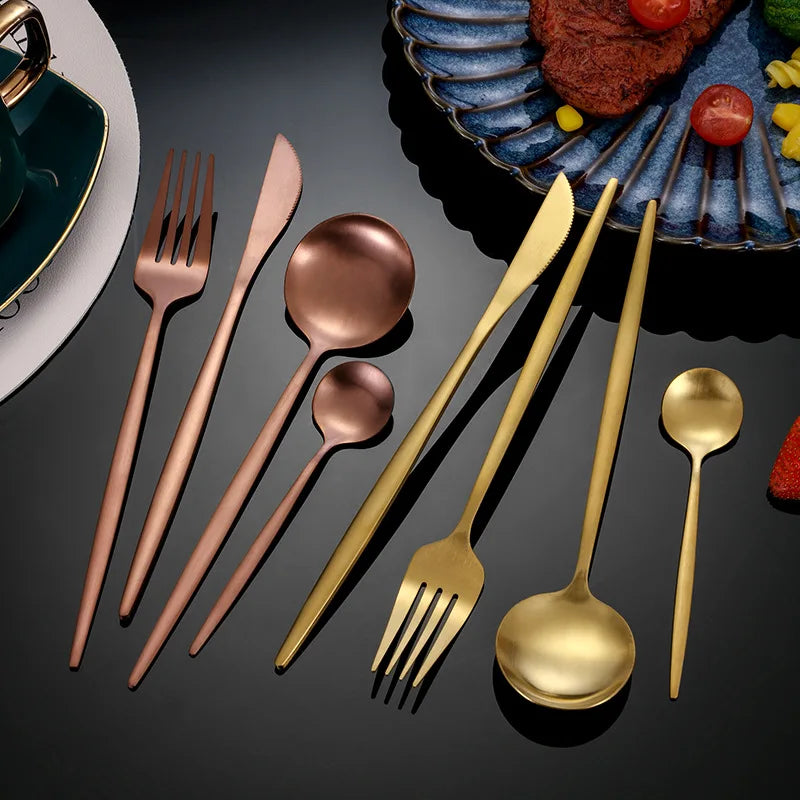 30Pcs Black Gold Dinnerware Set Stainless Steel Dinner Knife Fruit Fork Spoon Cutlery Set Kitchen Tableware Silverware Sets