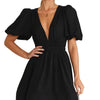 Women Summer Casual A-line Dress Solid Color Deep V-Neck Short Puff Sleeve Mini Dress Fashion Party Short Dress