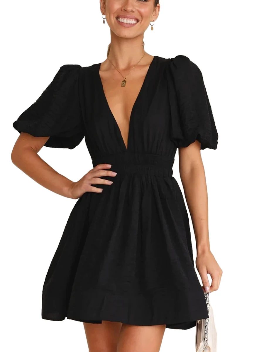 Women Summer Casual A-line Dress Solid Color Deep V-Neck Short Puff Sleeve Mini Dress Fashion Party Short Dress