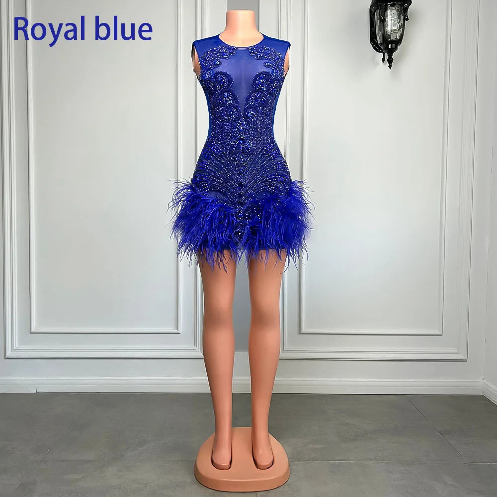 Stunning Sparkly Luxury Diamond Women Birthday Party Cocktail Gowns Sexy Sheer Pink Feather Mini Short Prom Dresses 2025