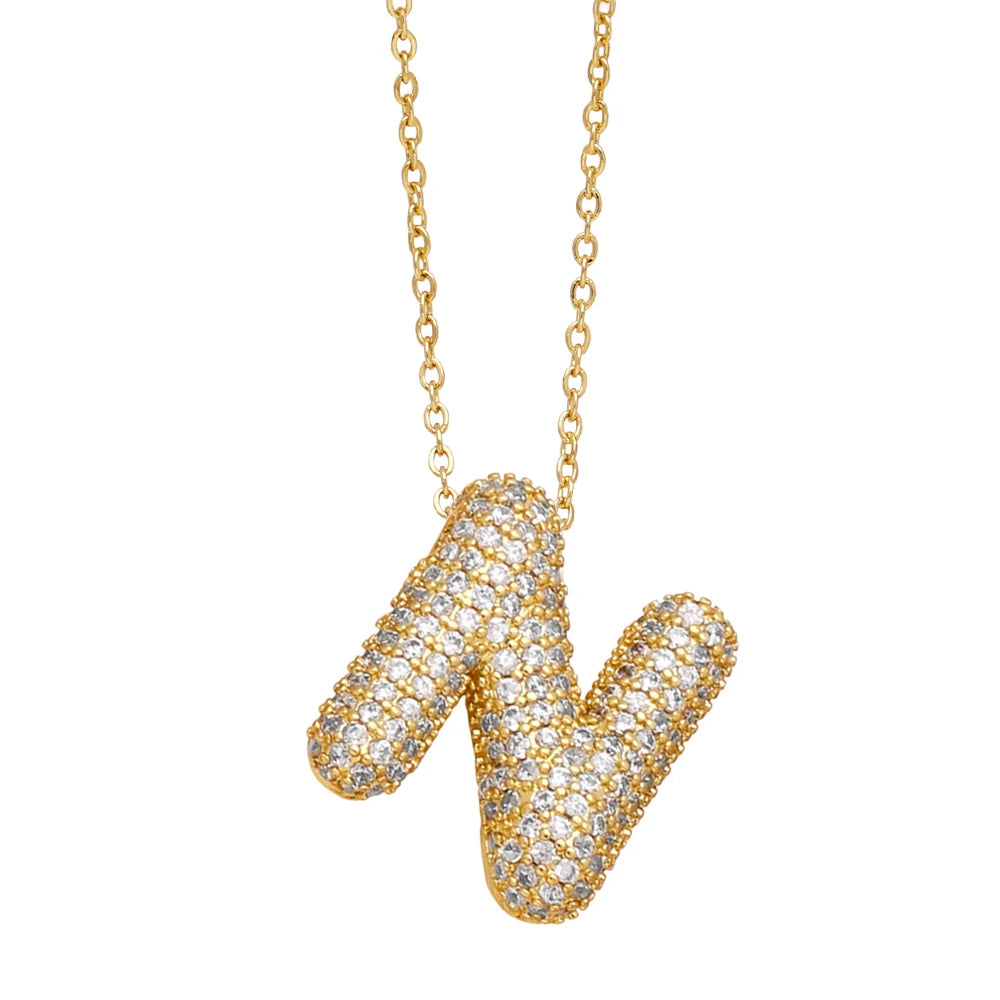 FLOLA Chunky Clear Crystal Initial Necklaces For Women Bubble Letter Necklace Custom Name Jewelry Birthday Gifts nkeb798