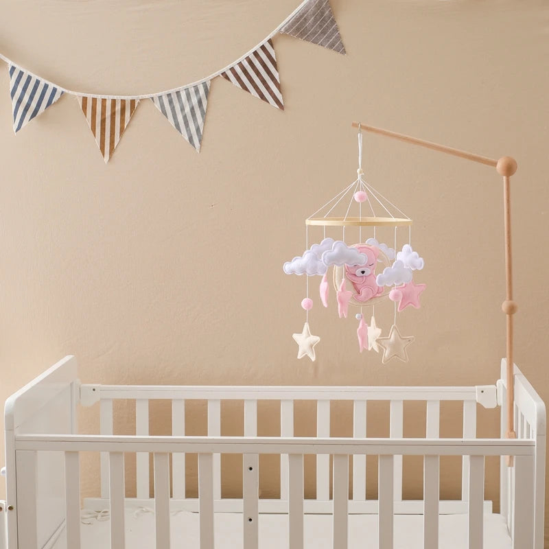 Baby Crib Mobile Rattle Toy 0-12Months Infant Soft Felt Teddy Velvet Pink Bear Bed Bell Hanging Toy Holder Bracket Crib Girl Toy