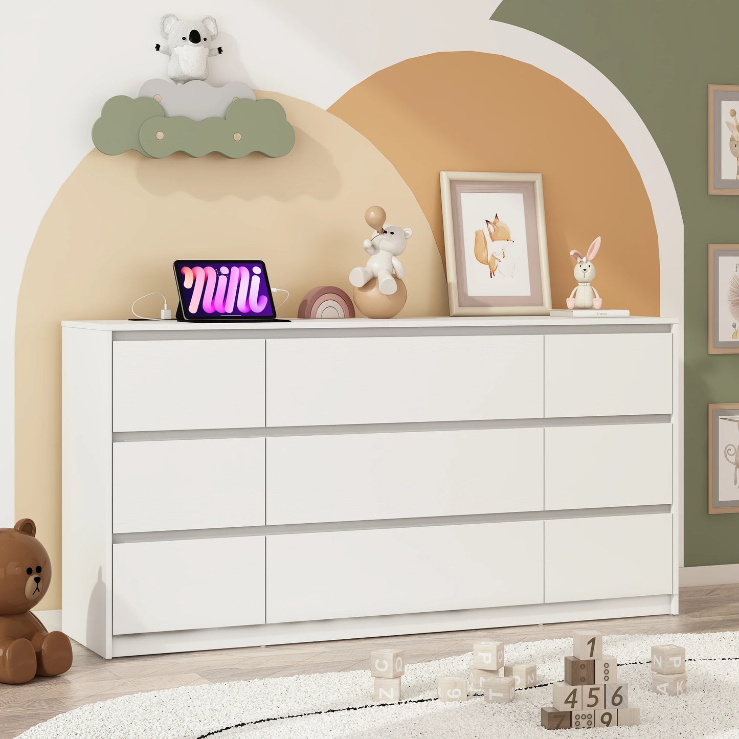 9 Drawer Dresser for Bedroom with Charging Station, 63" Modern Large Wood Chest of Drawers Handle Free, Black/White