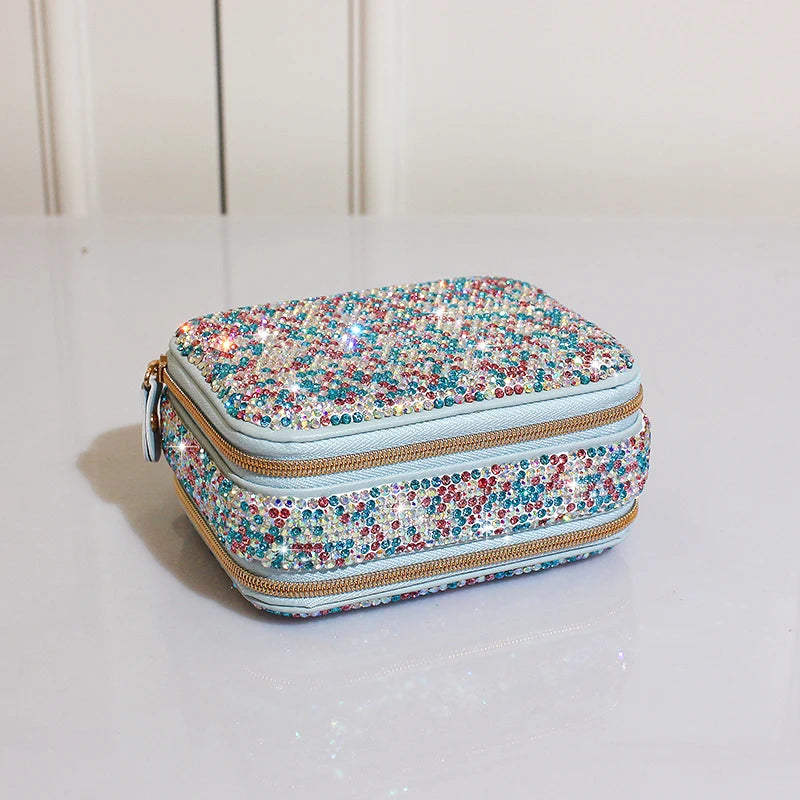 Diamond-set Double Zipper Jewelry Portable Storage Box With Mirror Ring Earrings Necklace Rhinestones Case Lipstick Makeup