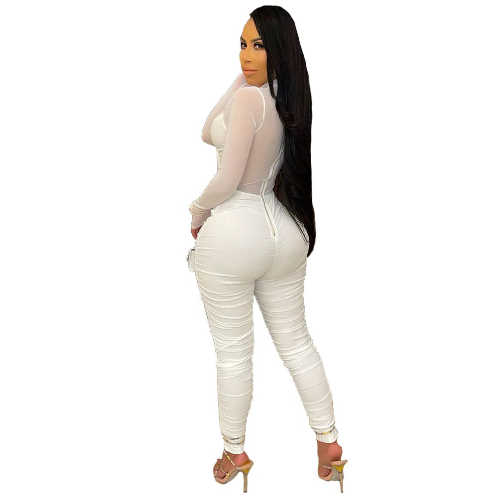Sexy Mesh Patchwork Jumpsuits for Women Elegant Long Sleeve Bandage One Piece Party Long Bodysuit