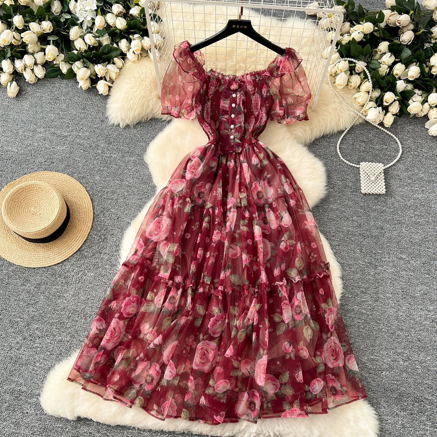 Elegant Slash Neck Vintage Short Puff Sleeve Chic Print Slim Chiffon Dresses French High Street Evening Autumn Mesh Clothing