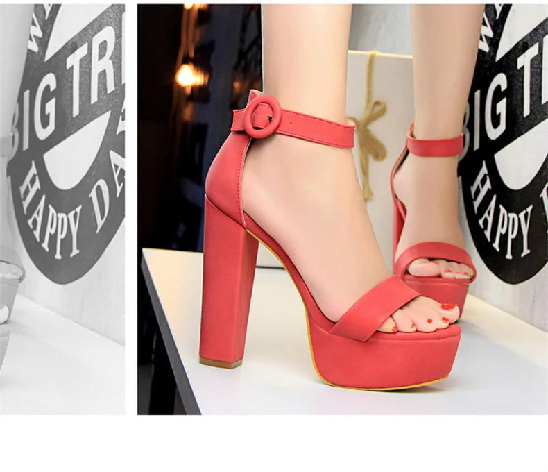 Fashion Women Pumps Sandals Summer Platform Belt Buckle Strap PU Square Heel Outdoor Korean Style Black Open Toe Grace 1550-1
