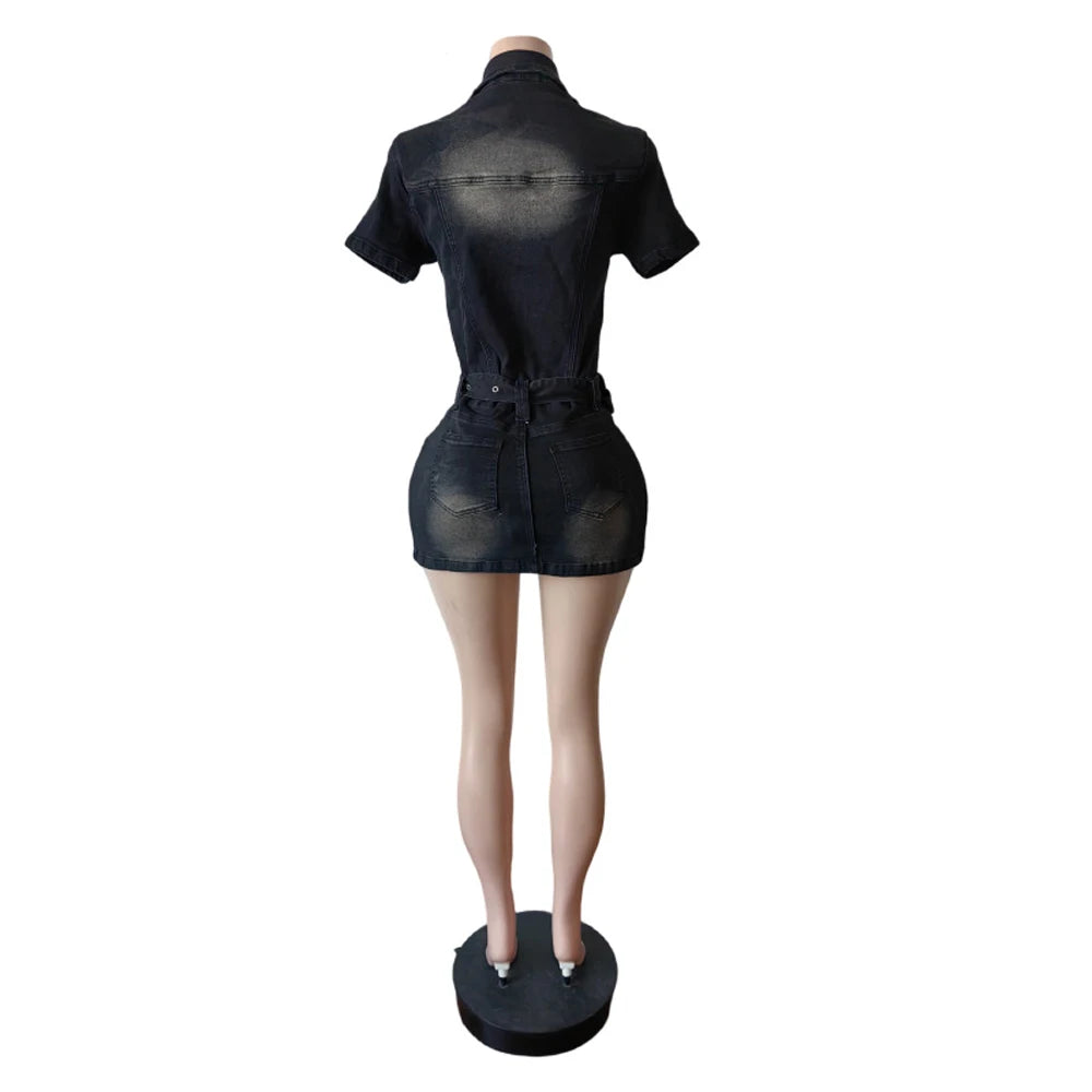2025 New Denim Short Sleeve Dress Women Modest Sexy Summer Stylish Slim Stretch Acid Wash Vintage Belt Jean Bodycon Dresses