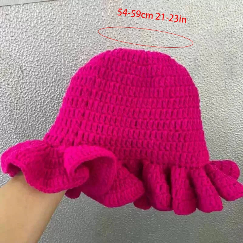 Handmade knitted hat with pleated ruffle edges and lace for both men and women, quirky and creative adult hat