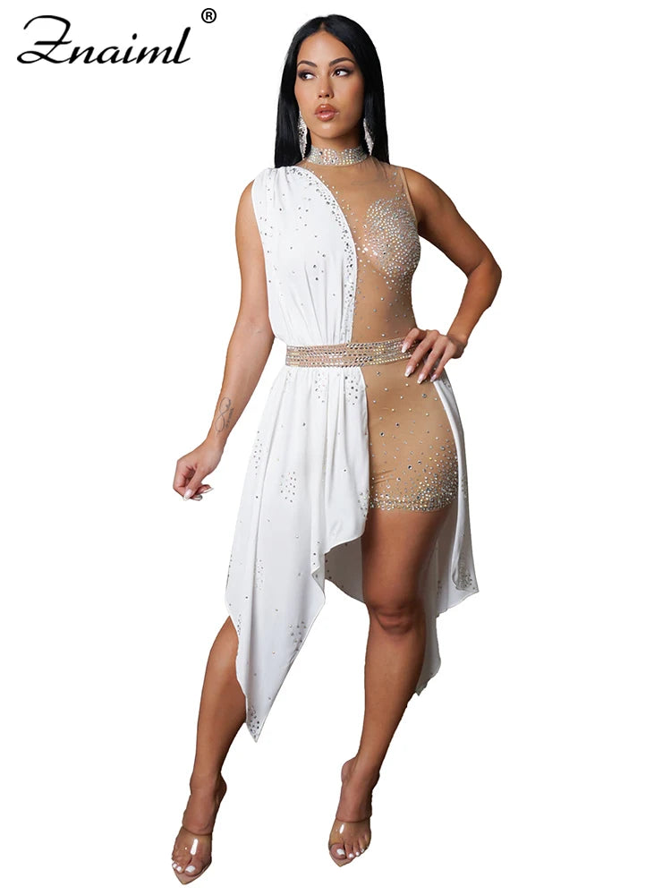 Znaiml Sexy Nightclub One Piece Outfit Romper Playsuit Women Birthday Diamonds Rhinestones Mesh Streamer Side Irregular Jumpsuit