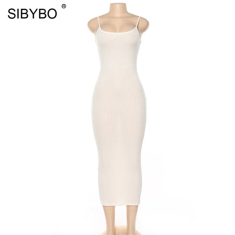 SIBYBO Ribbed Spaghetti Strap Cotton Dress Women Sleeveless O-Neck Summer Dress Solid Backless Long Party Dress