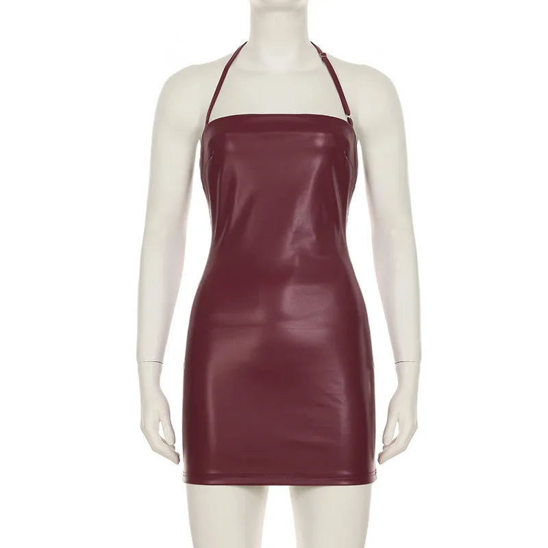 Tuularose Leather Spaghetti Strap Dress Women's Sexy Solid Sleeveless Halter Short Dress Party Club Retro Y2k Bodycon Mini Dress