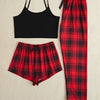 3Pcs Women's Pajama Set Camisole Shorts Trousers Three-Piece Bow Tie Home Wear Set Plaid Print Sleepwear for Women Christmas pjs