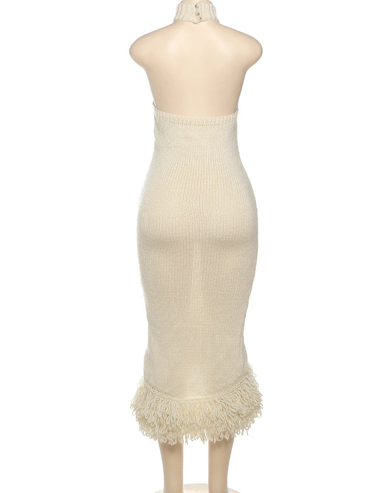 Weird Puss Knit Backless Dress Women Sleeveless Halter Summer Sexy Tassel Irregular Hem Clubwear Stretch Hipster Party Vestidos